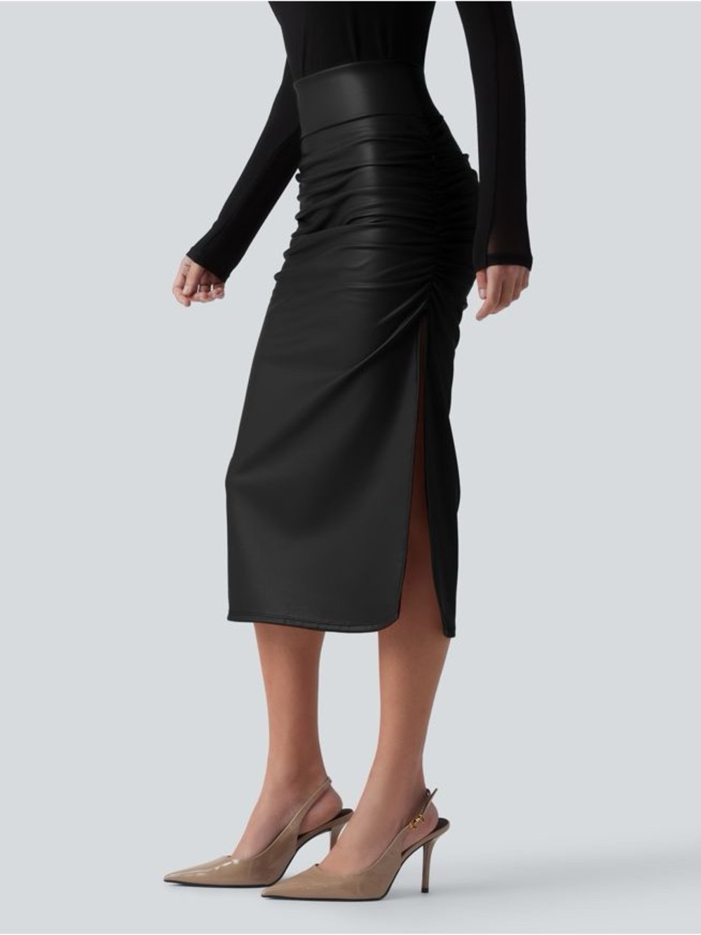 HALARA Black Ruched High-Waist Midi Skirt with Side Slit
